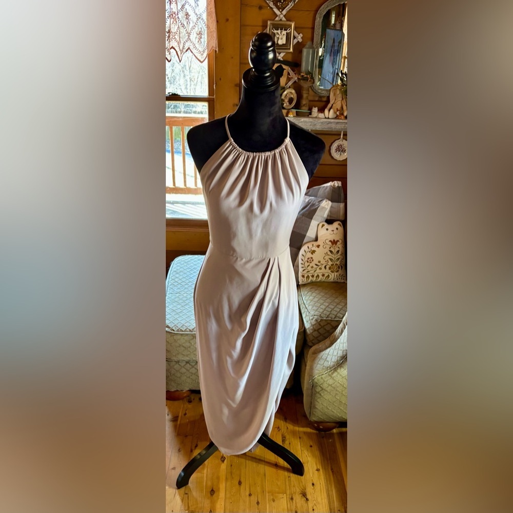 Shona Joy Core High Neck Tulip Ruched Dress in Oyster Size 6 - Picture 2 of 14